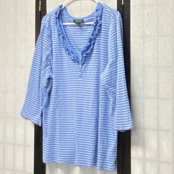Lauren Ralph Lauren Double Ruffle VNeck 1/4 Button Tee Blue White 3X Long Sleeve - Picture 4 of 12